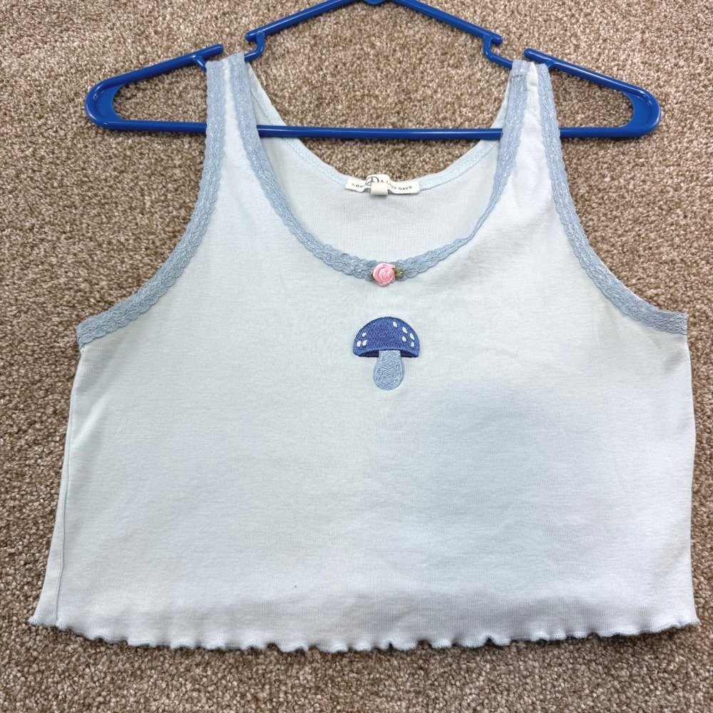Love & Lazy Days Light Blue Mushroom Lace Crop Tank Top Medium Y2K Cottagecore